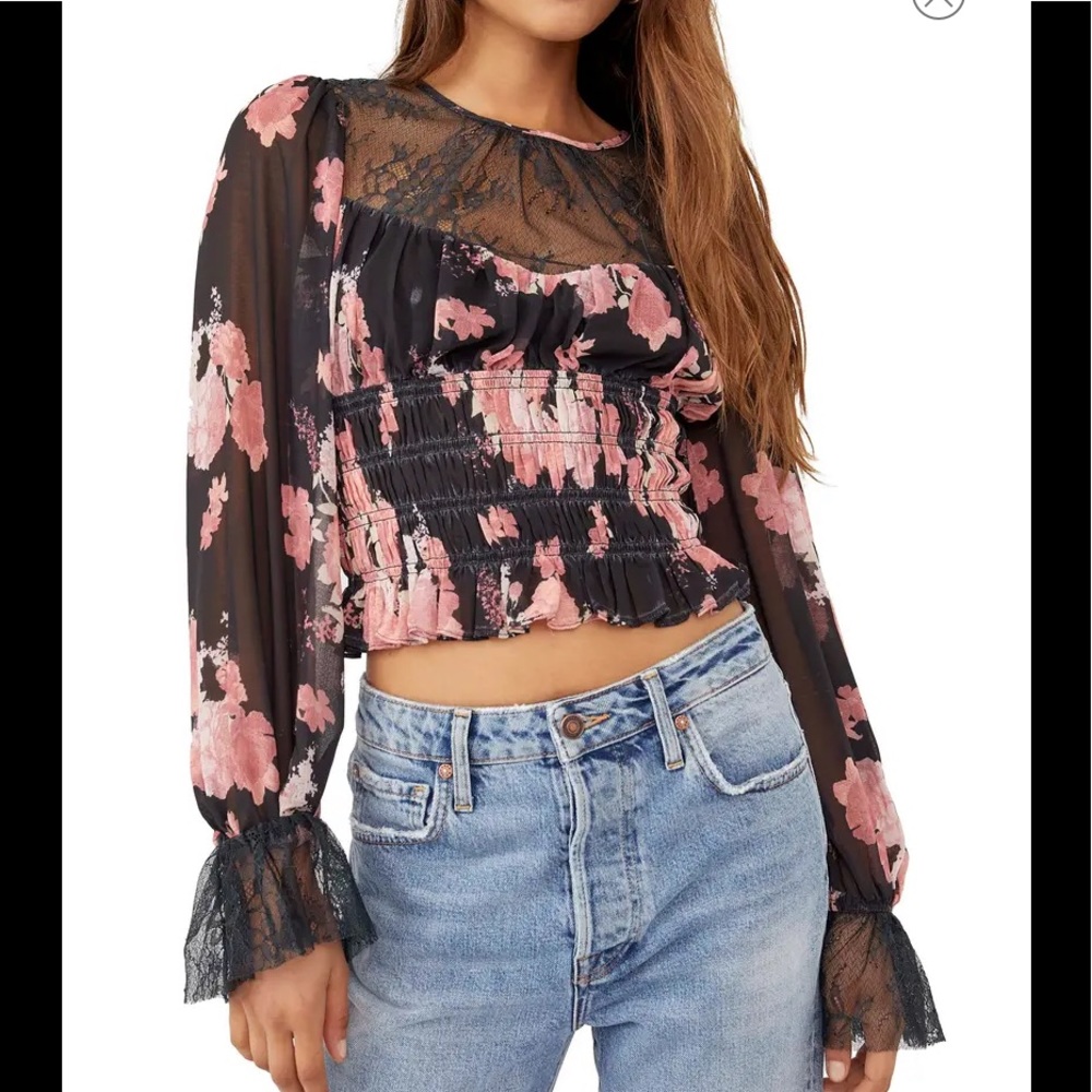 Floral Lace Ruffle Smocked Cropped Blouse - Pink on Black